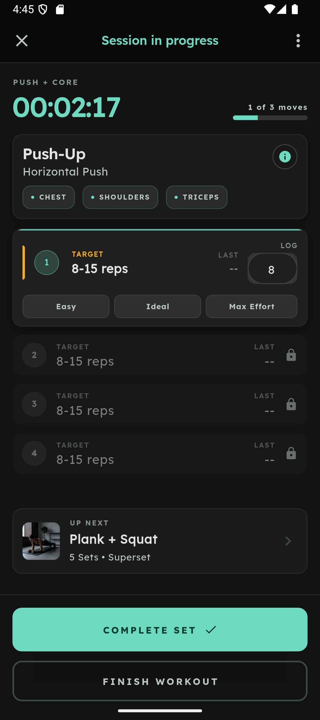 CounterHype Android app showing a session in progress with push-up set logging.