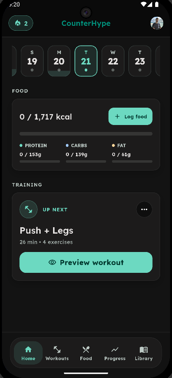 CounterHype home screen with daily food targets and the next workout.