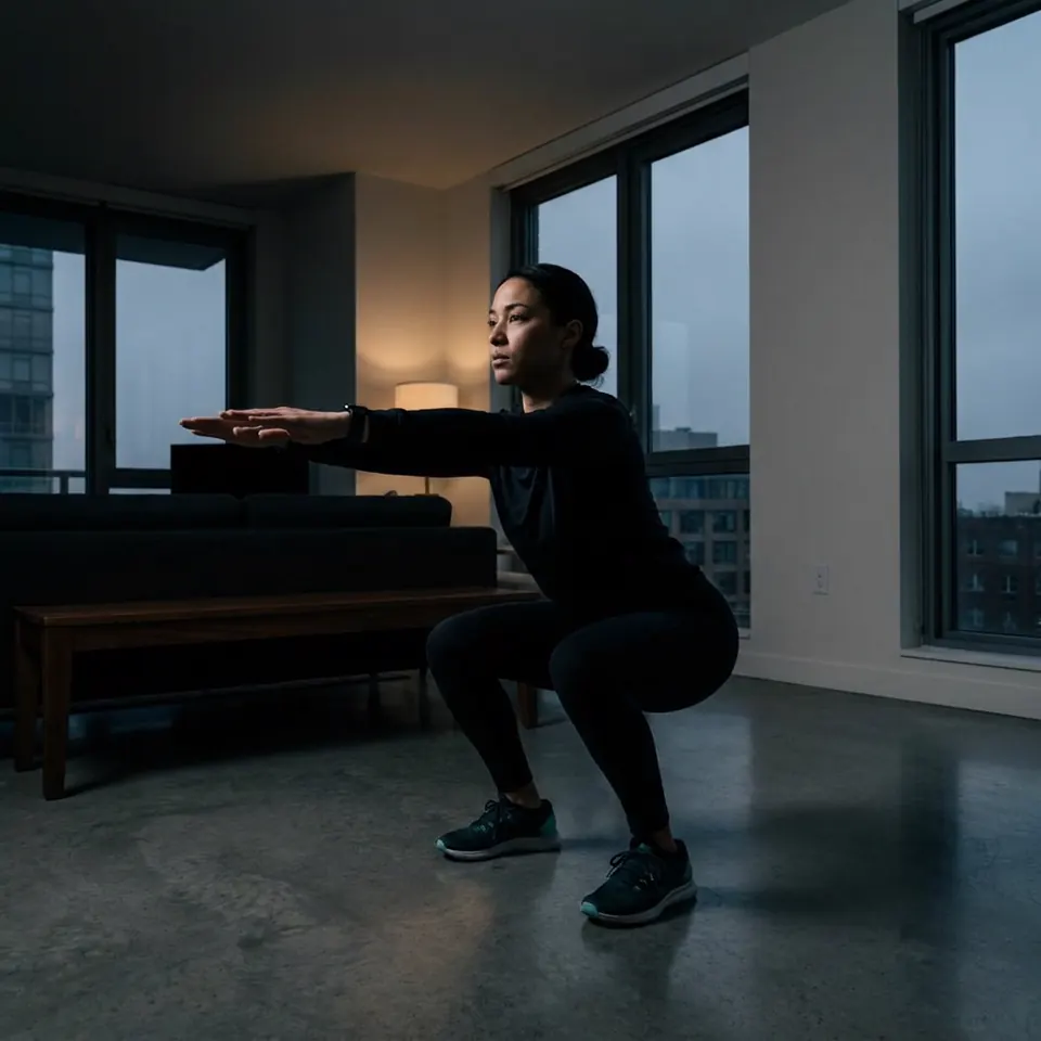 A person doing a squat in an apartment.