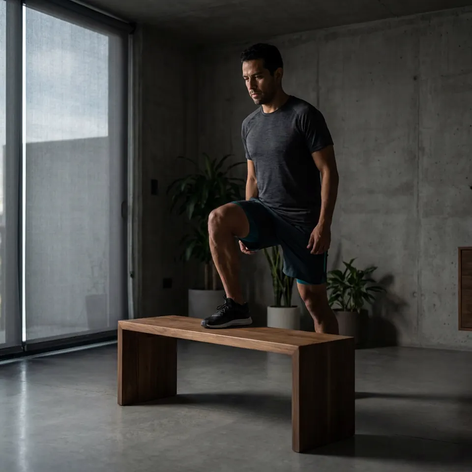A person performing a step-up during a home workout.